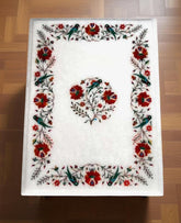 White Marble Coffee Table | Handmade Carnelian Inlay | Semi Precious Stone Floral Art | Decorative Interior Furniture | Luxury Home Decor Unique Handicrafts IND
